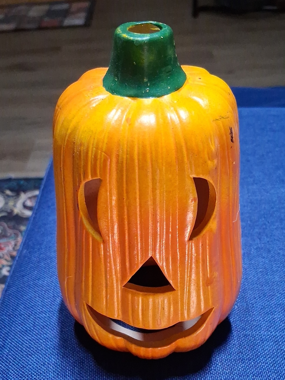 Mid-century Modern Orange Ceramic Pumpkin Lantern with Green Stem